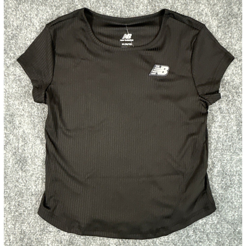 New Balance Girls Large 14-16 Black Ribbed Activewear Glitter Logo Shirt NWT